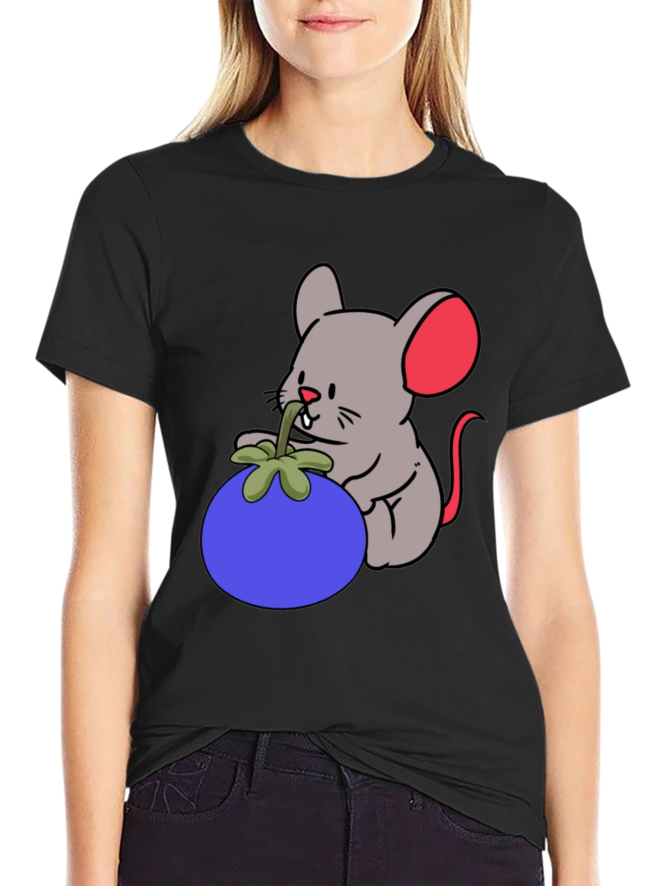 Cartoon Mouse & Berry Graphic Black T-Shirt