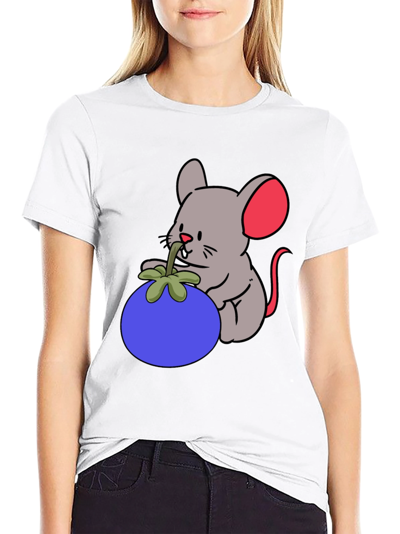 Cartoon Mouse & Berry Graphic Black T-Shirt
