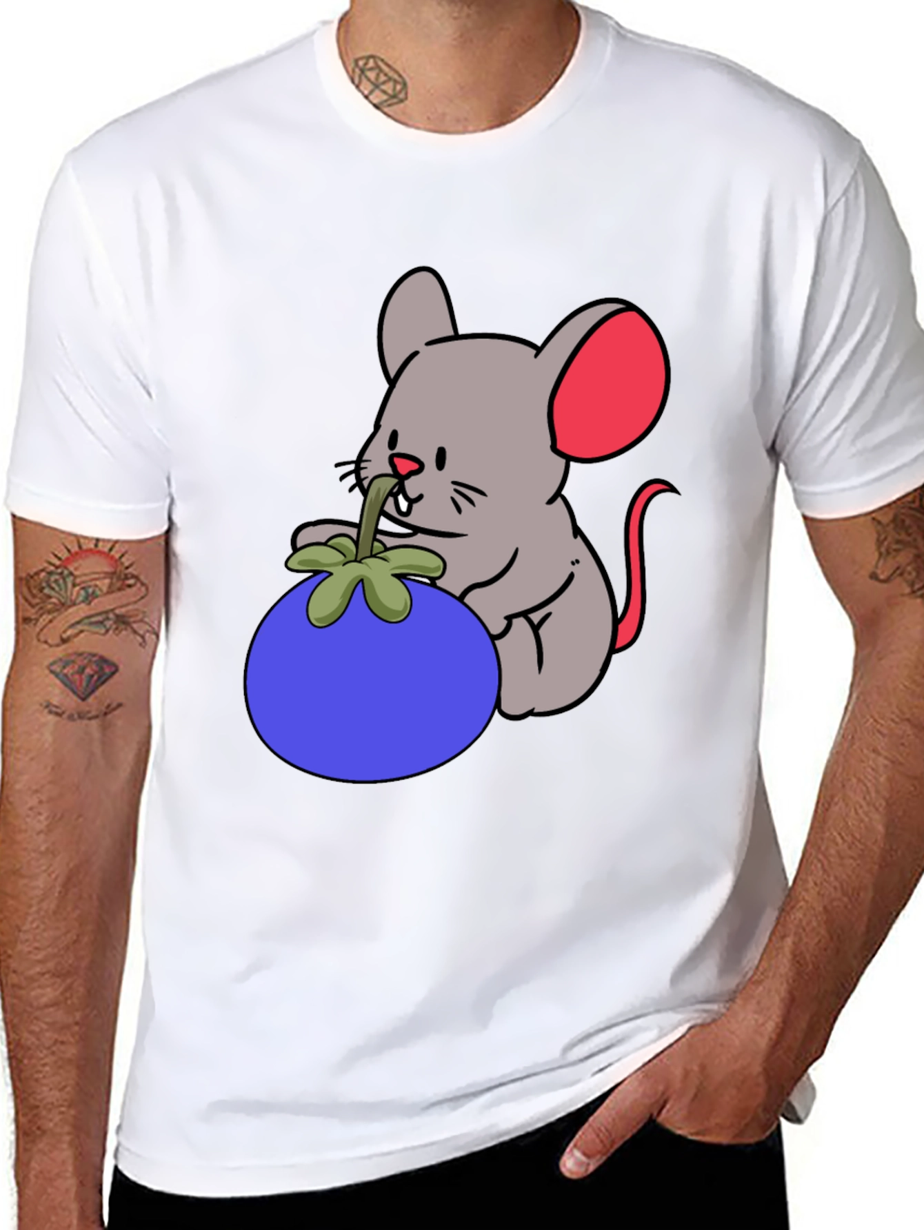 Cartoon Mouse & Berry Graphic Black T-Shirt