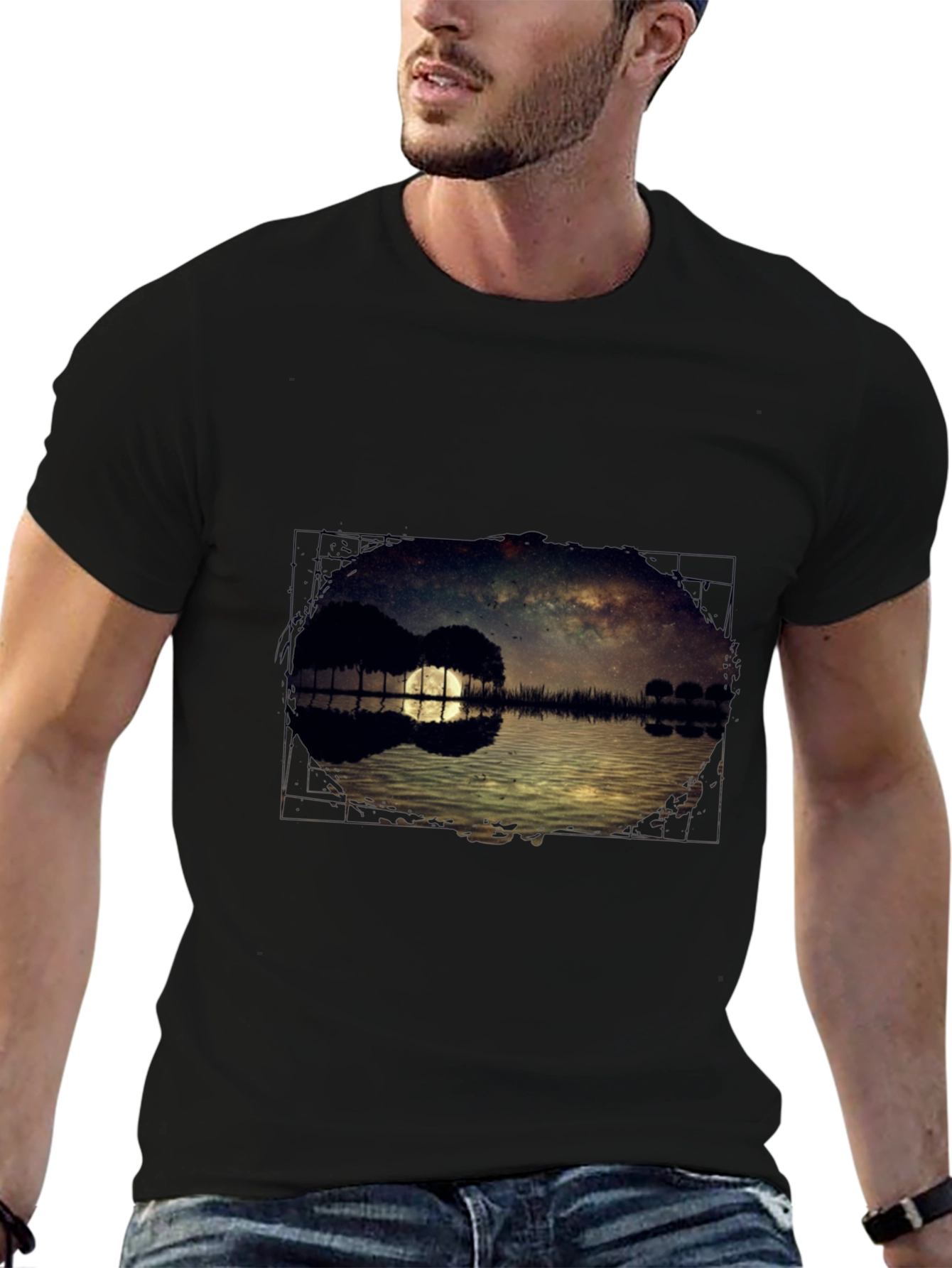 Guitar Landscape Graphic Tee - Black Cotton Casual Shirt