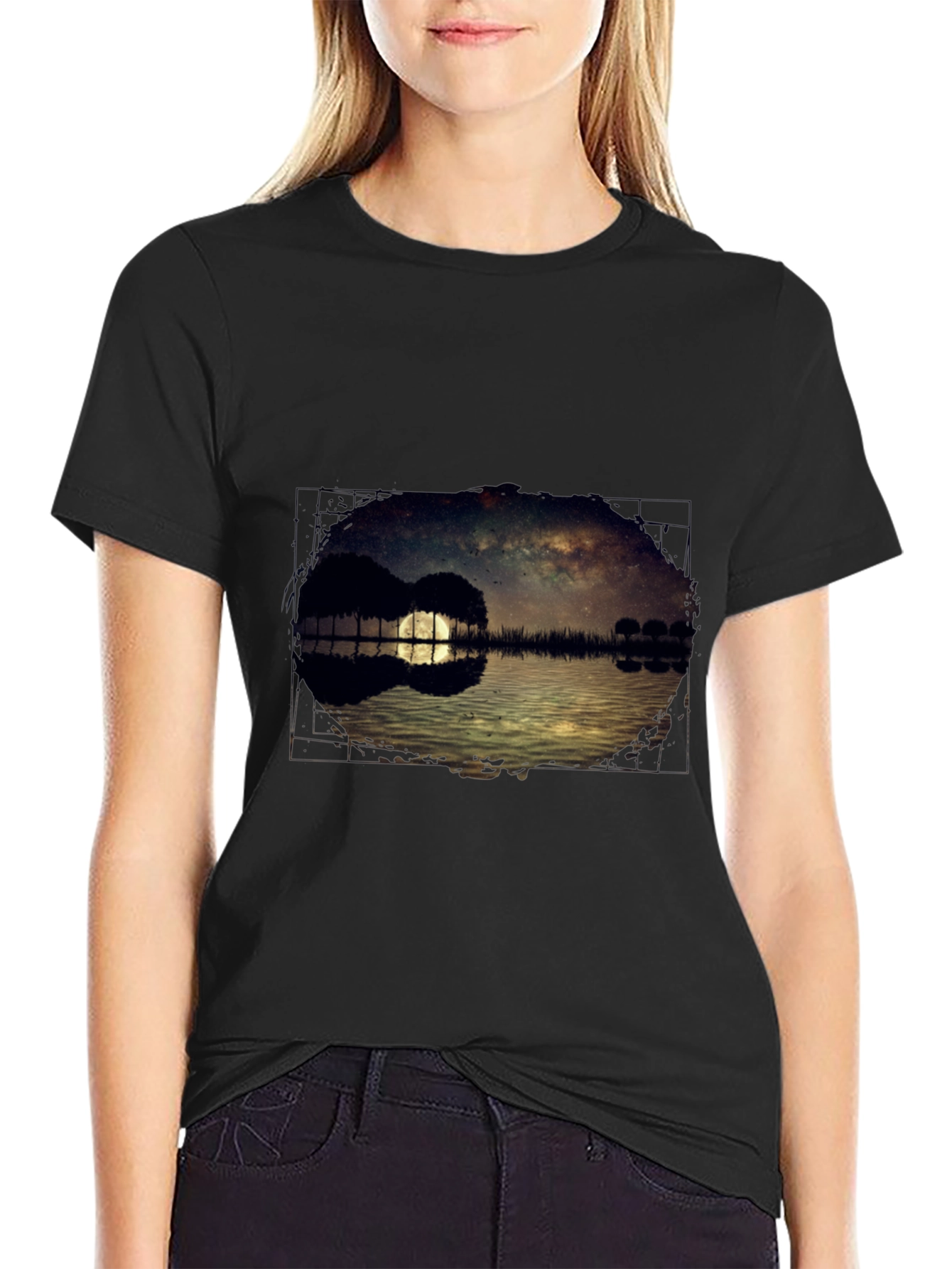 Guitar Landscape Graphic Tee - Black Cotton Casual Shirt