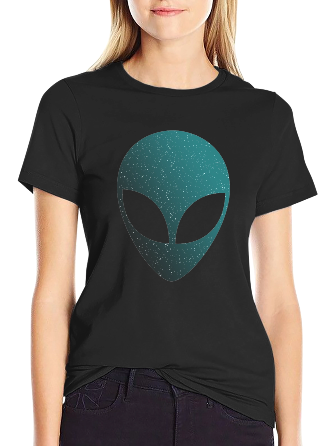Alien Head Graphic T-Shirt - Black Crew Neck