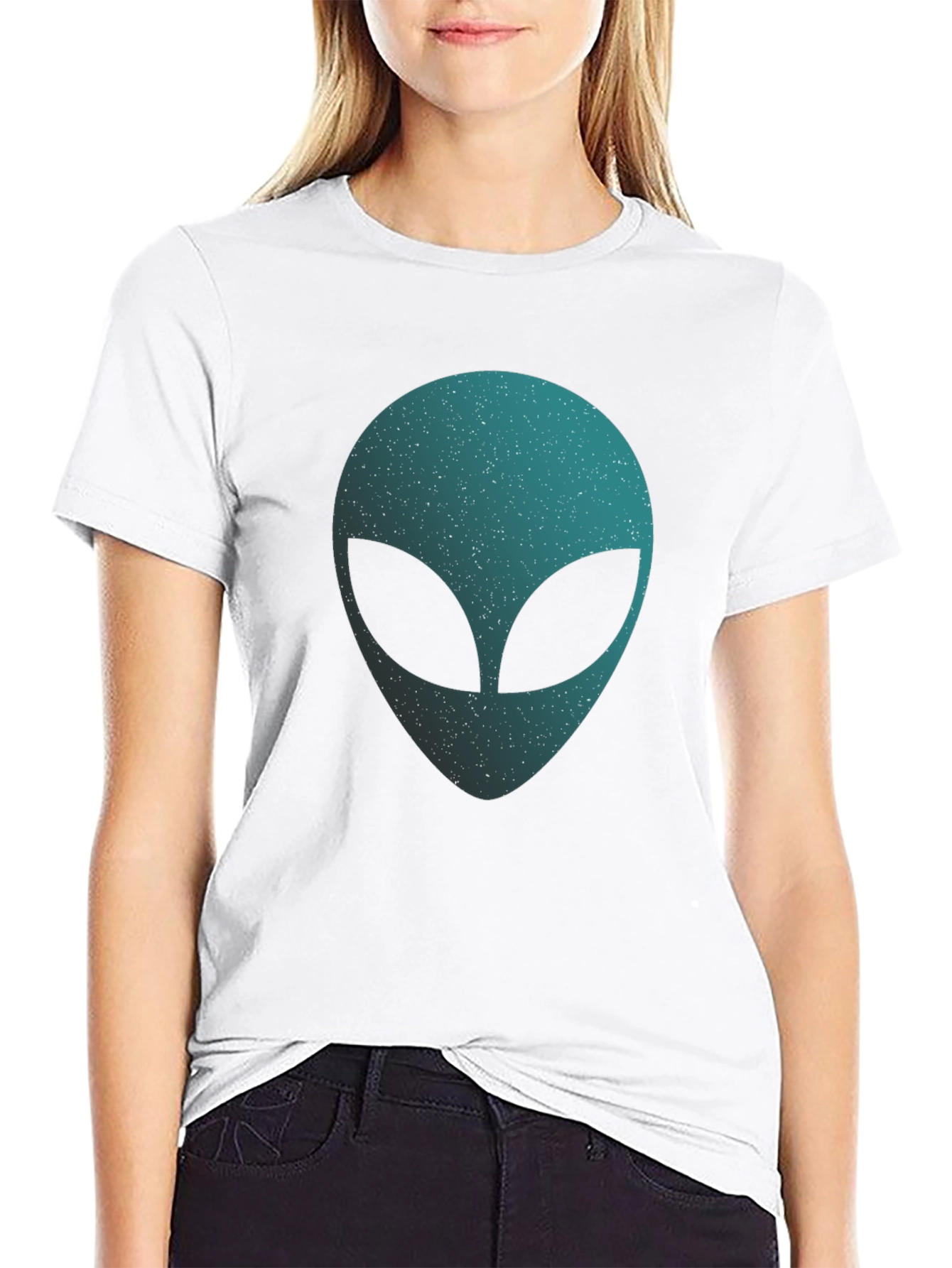 Alien Head Graphic T-Shirt - Black Crew Neck