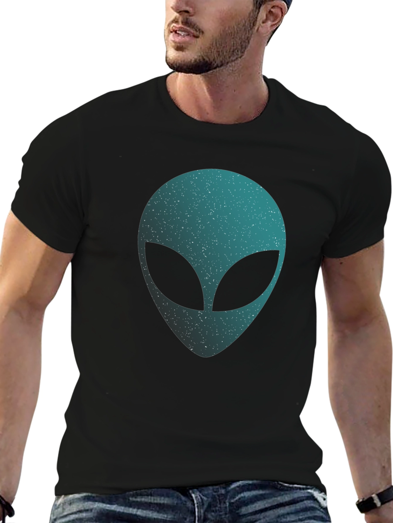 Alien Head Graphic T-Shirt - Black Crew Neck