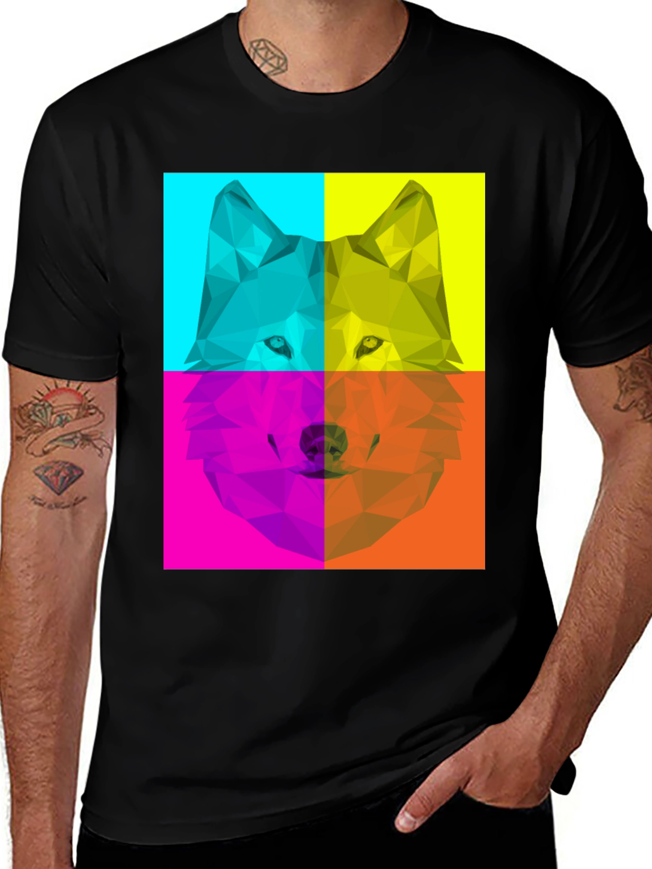 Geometric Wolf Pop Art Black T-Shirt