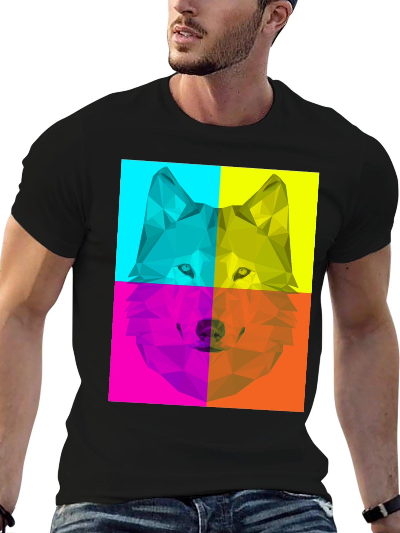 Geometric Wolf Pop Art Black T-Shirt