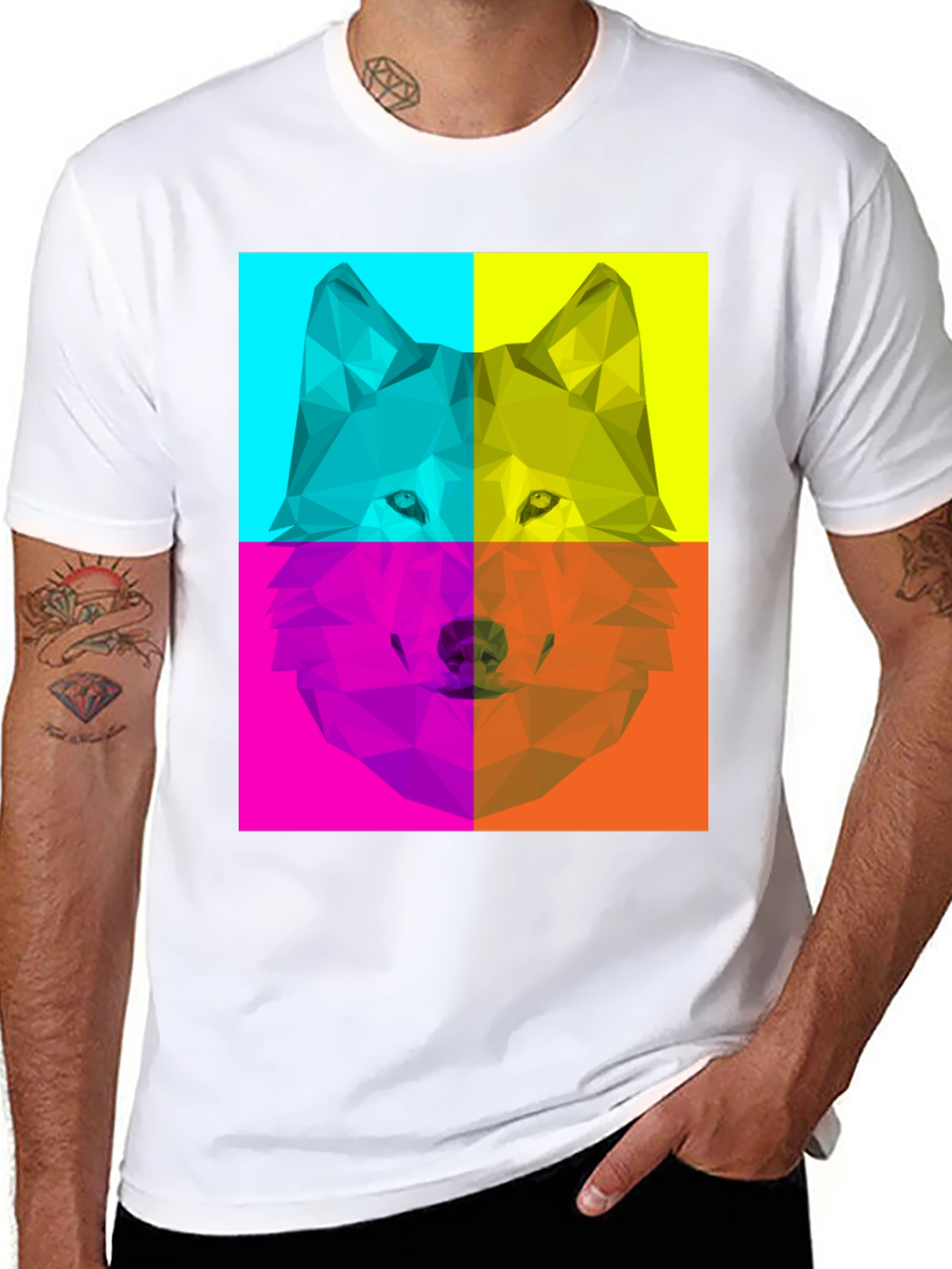 Geometric Wolf Pop Art Black T-Shirt