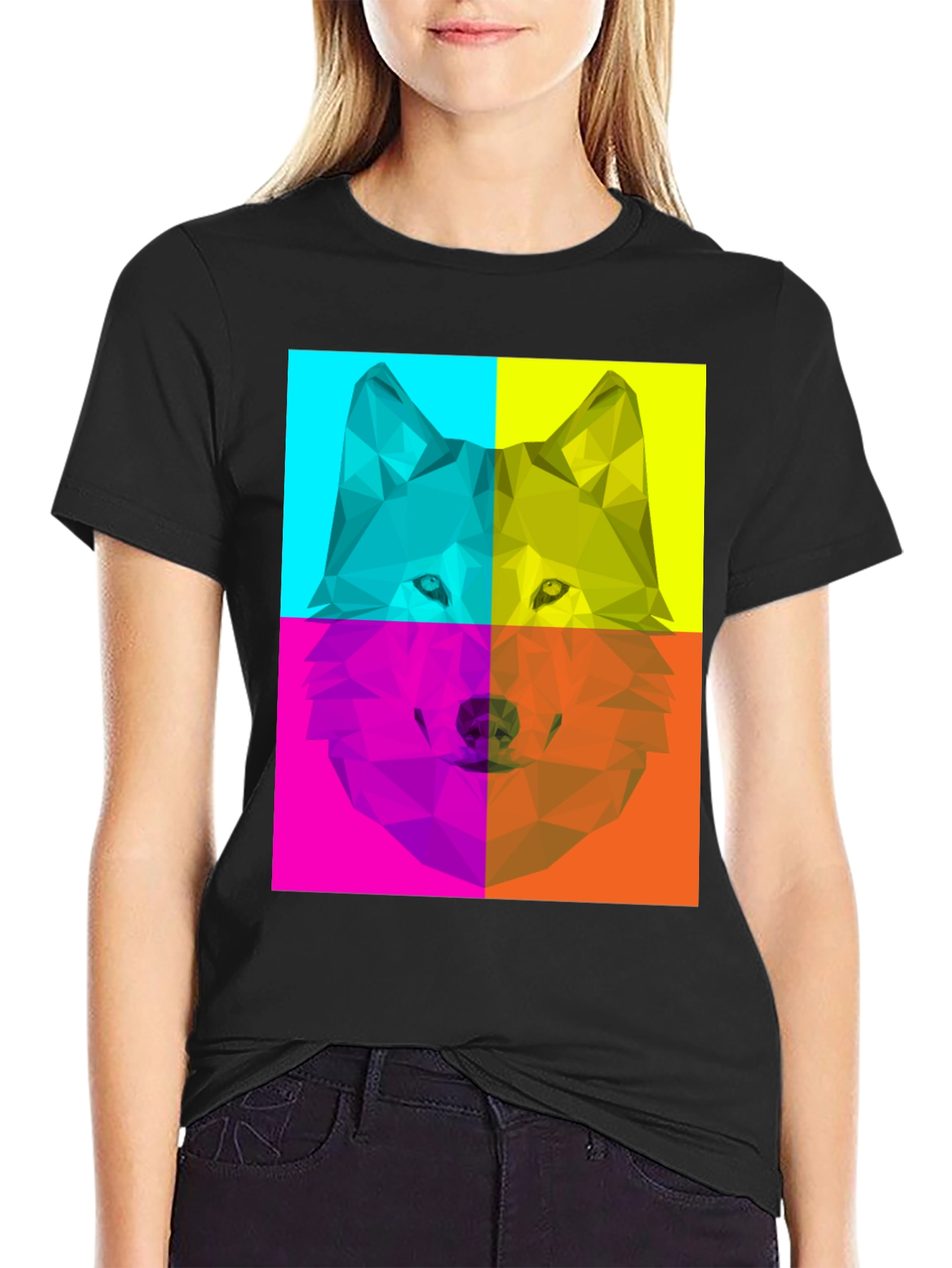 Geometric Wolf Pop Art Black T-Shirt