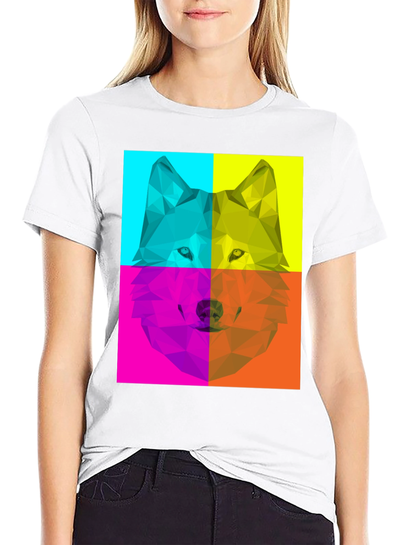 Geometric Wolf Pop Art Black T-Shirt