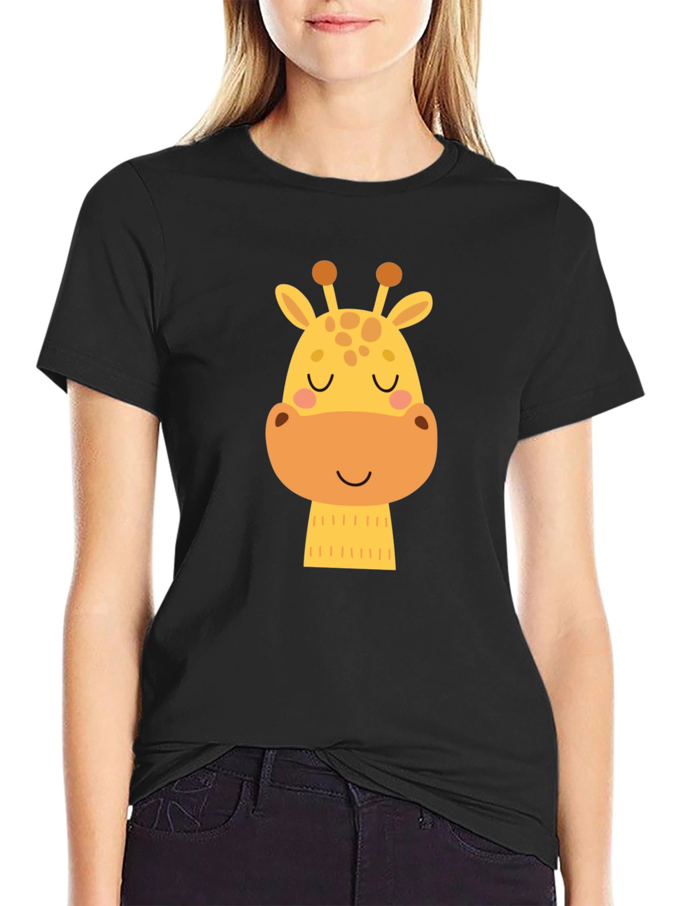 Cute Giraffe Graphic Black T-Shirt