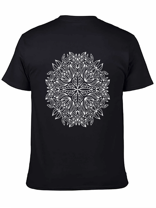 Black Tee with White Leaf Mandala Design
