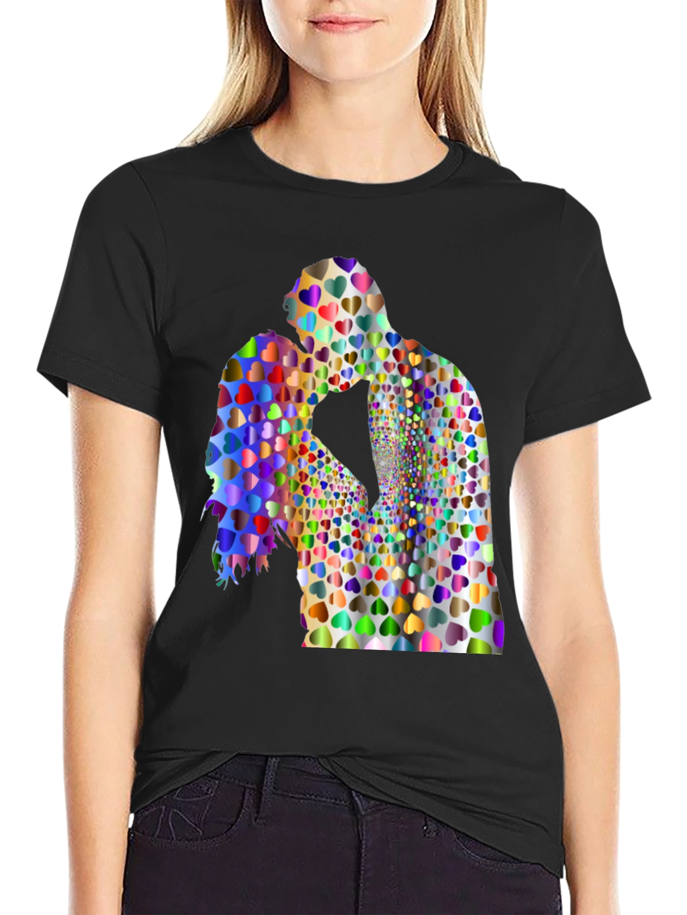 Love Heart Couple Graphic Tee - Black Cotton Blend