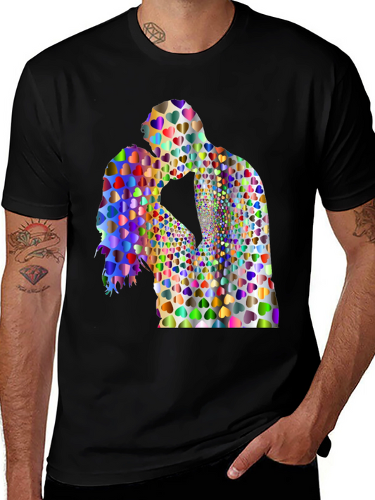 Love Heart Couple Graphic Tee - Black Cotton Blend