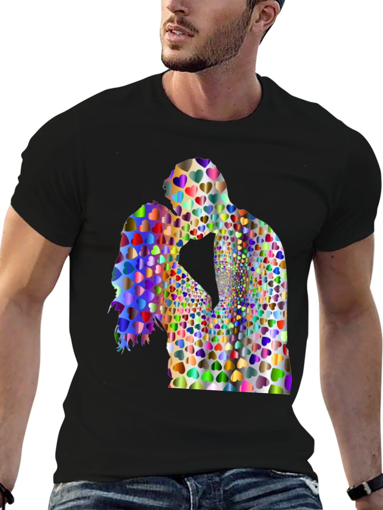 Love Heart Couple Graphic Tee - Black Cotton Blend