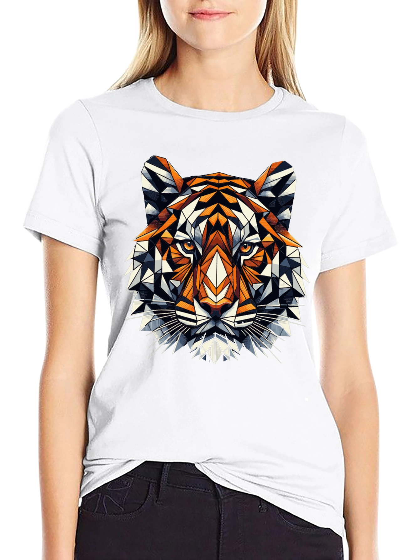 Geometric Tiger Graphic Tee - Black Cotton Blend