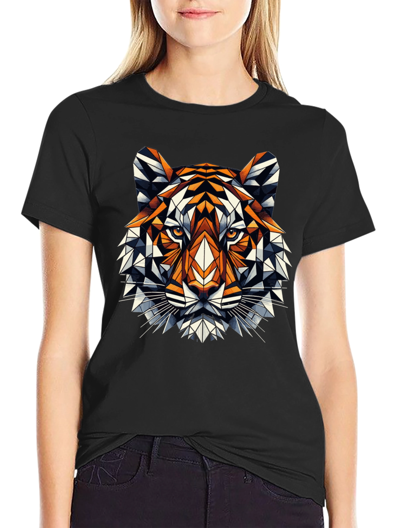 Geometric Tiger Graphic Tee - Black Cotton Blend
