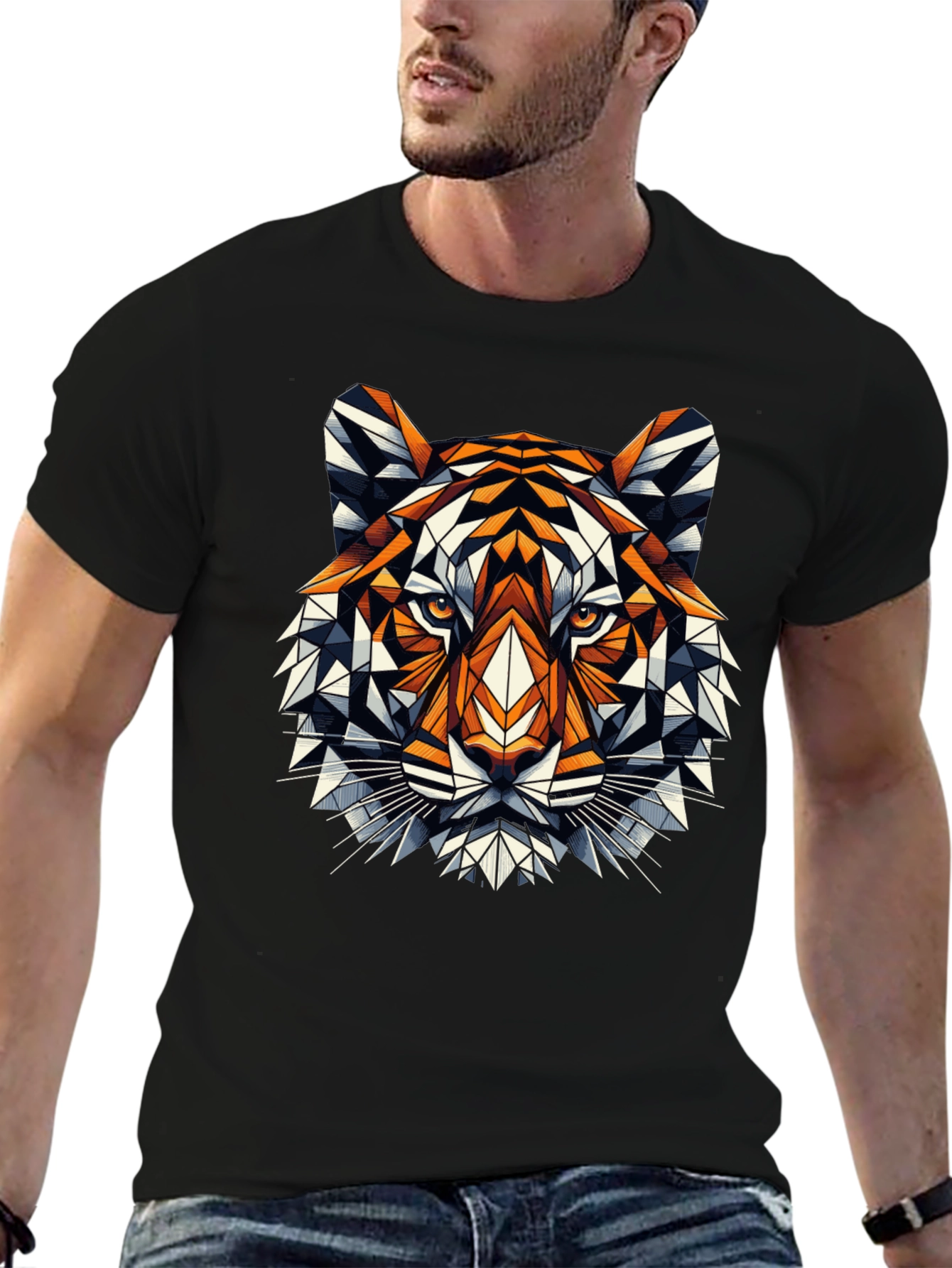 Geometric Tiger Graphic Tee - Black Cotton Blend