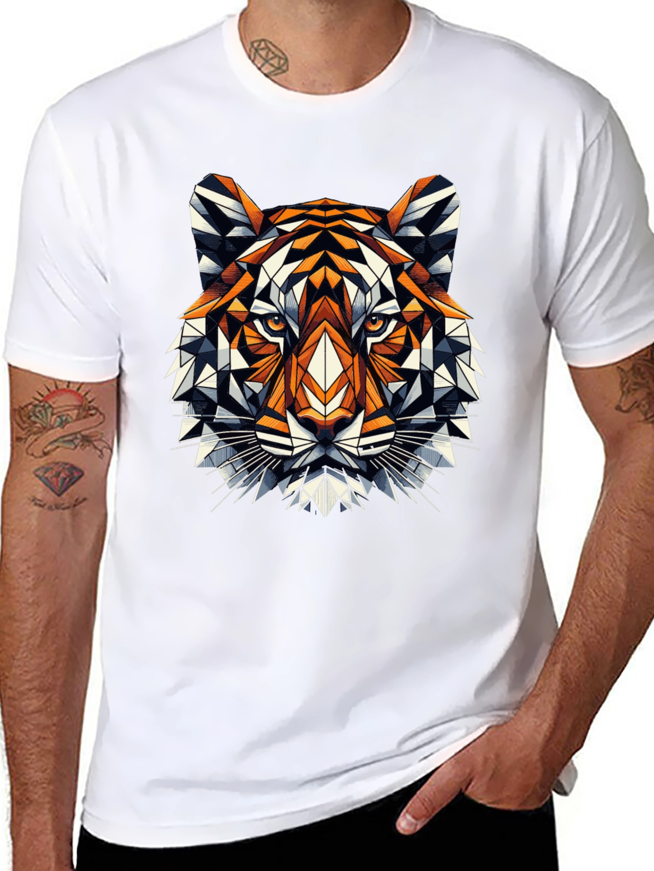 Geometric Tiger Graphic Tee - Black Cotton Blend