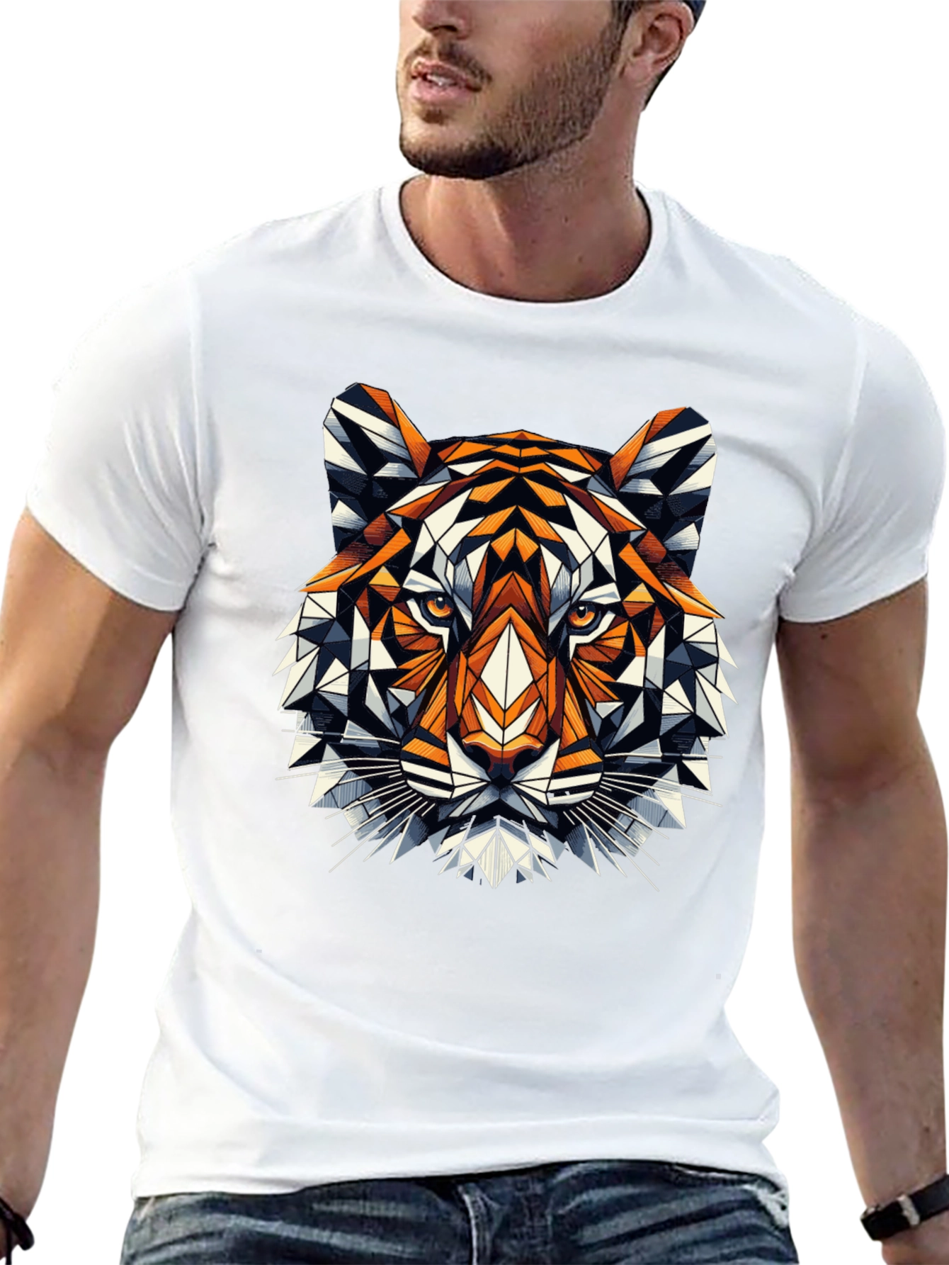 Geometric Tiger Graphic Tee - Black Cotton Blend