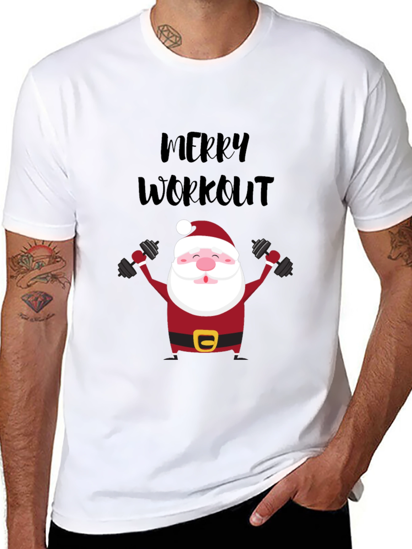 Merry Workout Santa T-Shirt - Holiday Fitness Apparel