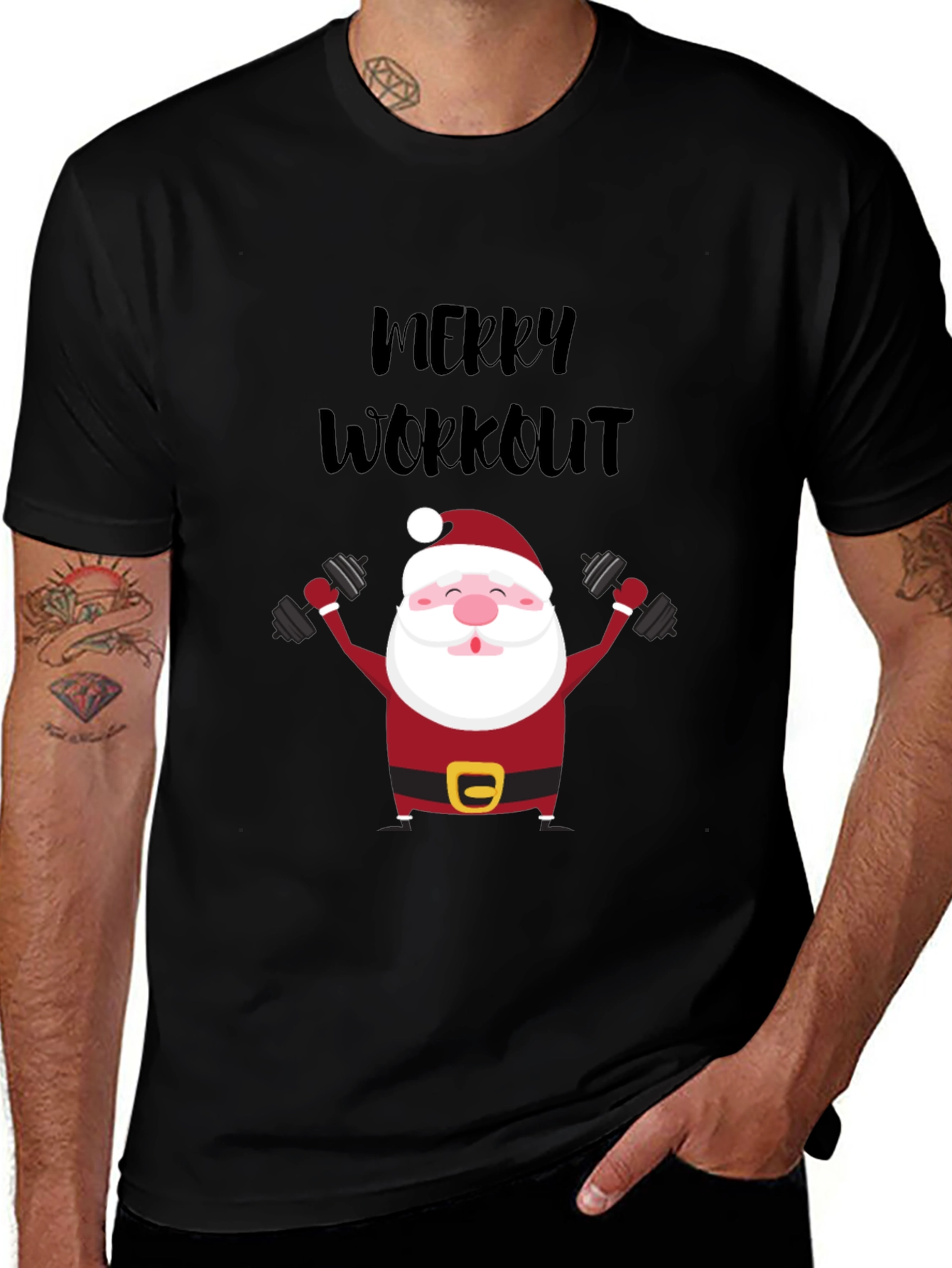 Merry Workout Santa T-Shirt - Holiday Fitness Apparel