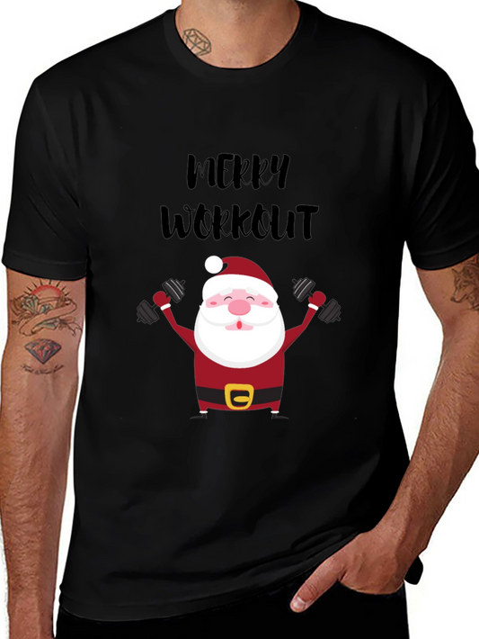 Merry Workout Santa T-Shirt - Holiday Fitness Apparel