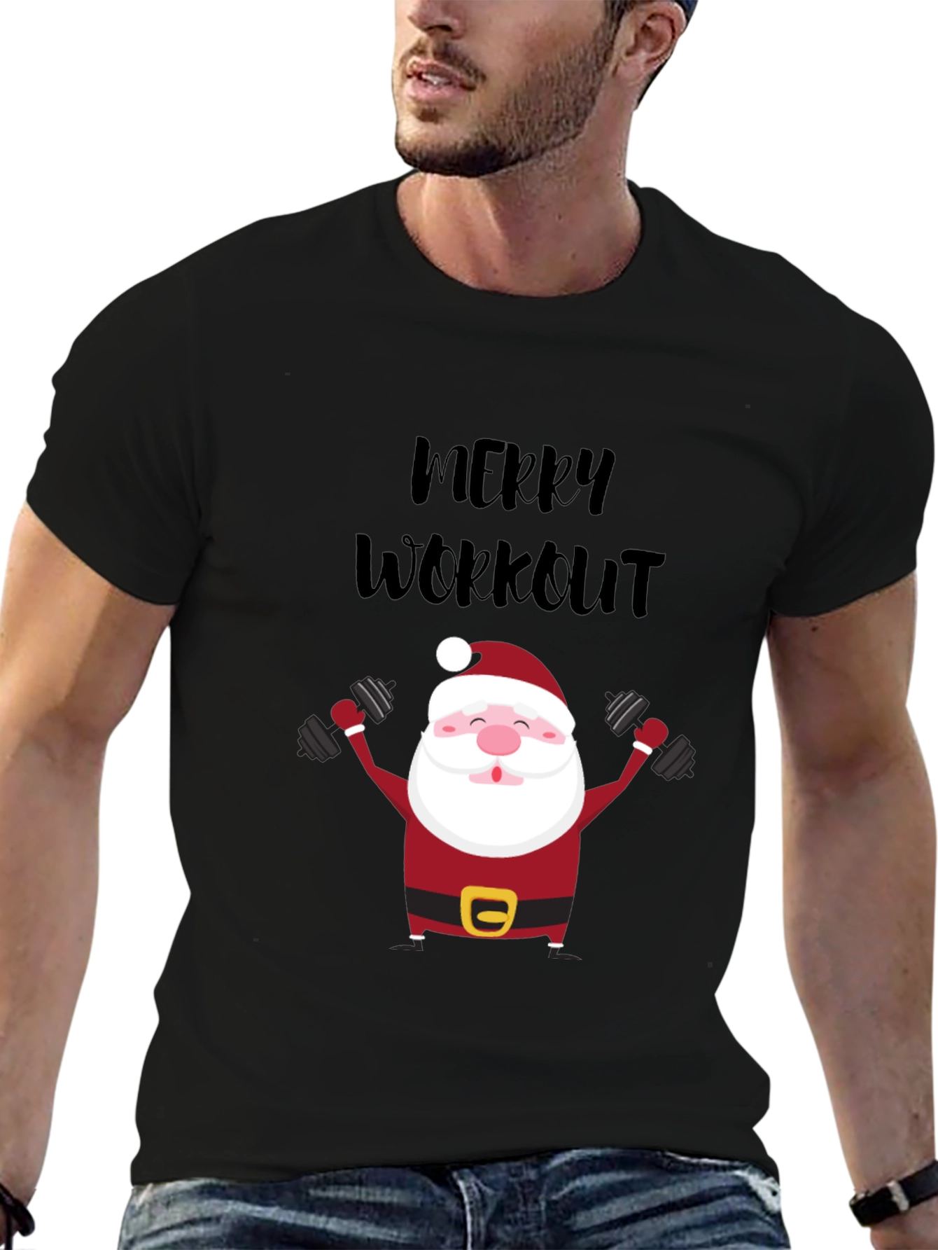 Merry Workout Santa T-Shirt - Holiday Fitness Apparel