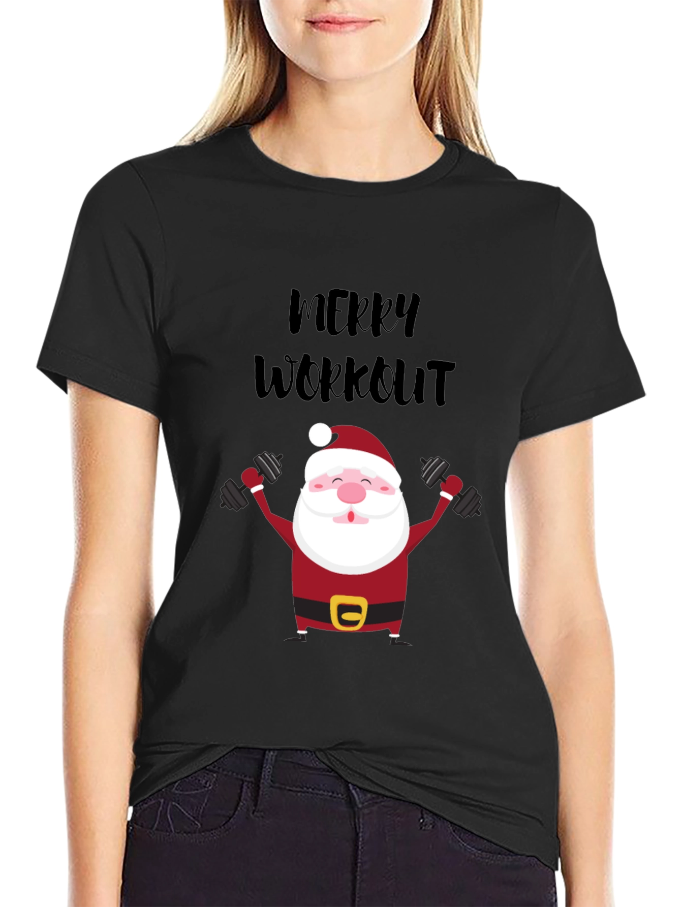 Merry Workout Santa T-Shirt - Holiday Fitness Apparel