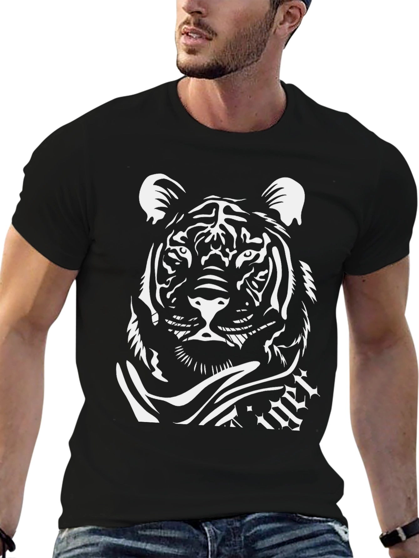 Black T-Shirt with White Tiger Graphic