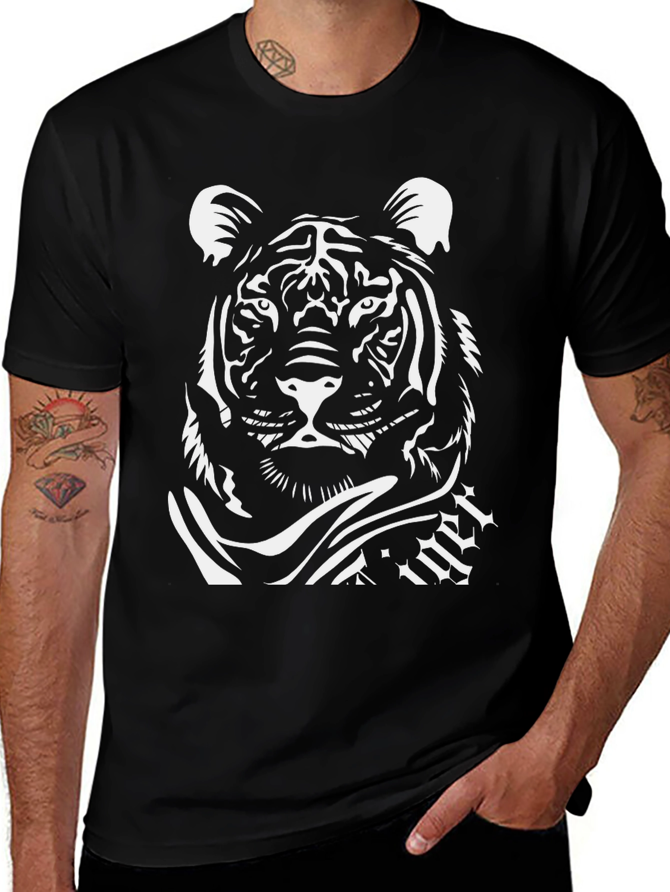 Black T-Shirt with White Tiger Graphic