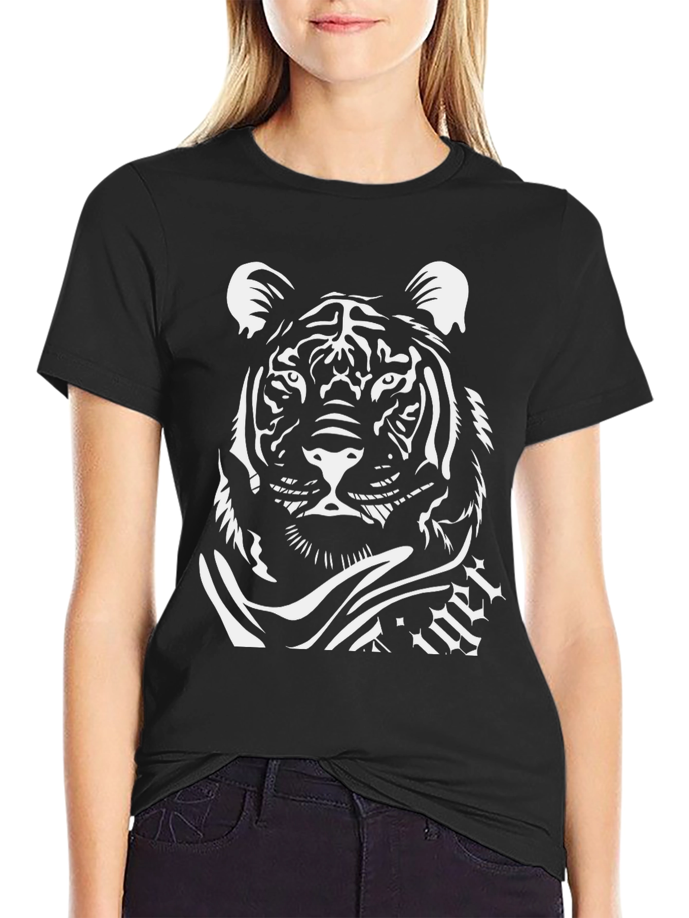 Black T-Shirt with White Tiger Graphic