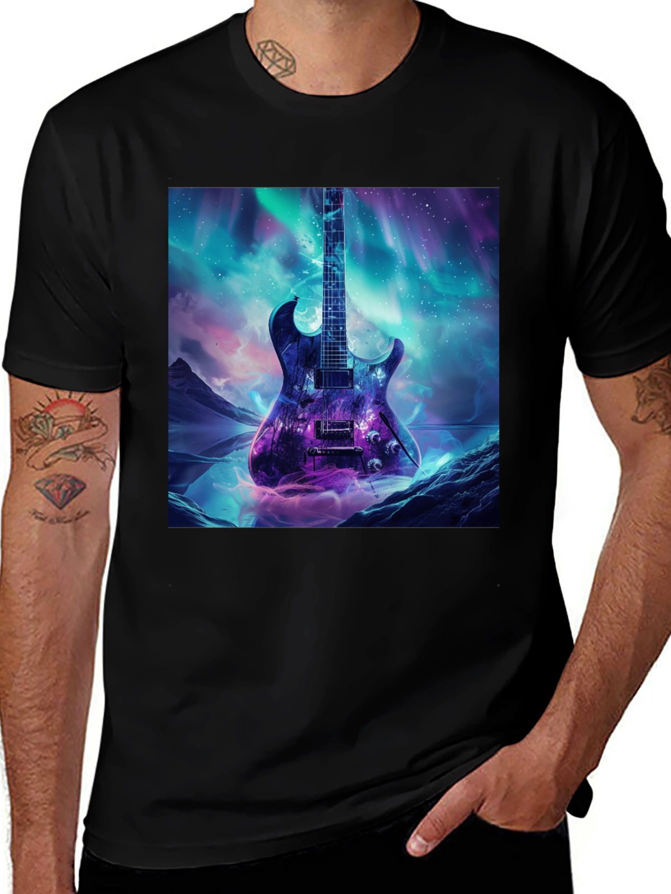 Guitar Galaxy Graphic Tee - Black Cotton T-Shirt