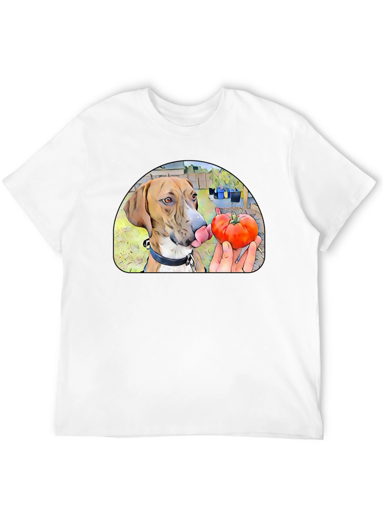 Dog Licking Tomato Graphic T-Shirt