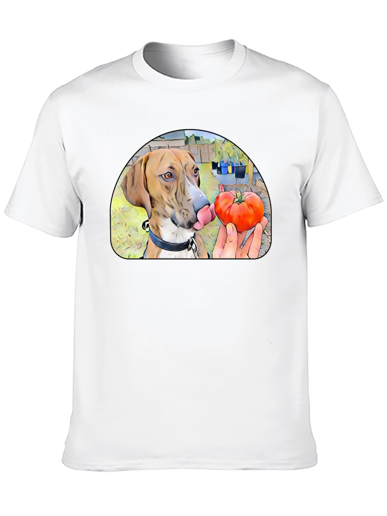 Dog Licking Tomato Graphic T-Shirt