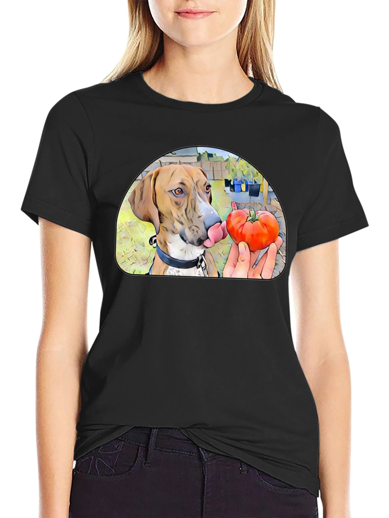 Dog Licking Tomato Graphic T-Shirt