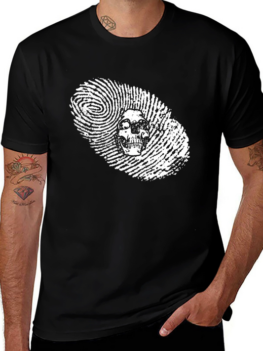 Skull Fingerprint Graphic Tee - Black Cotton T-Shirt