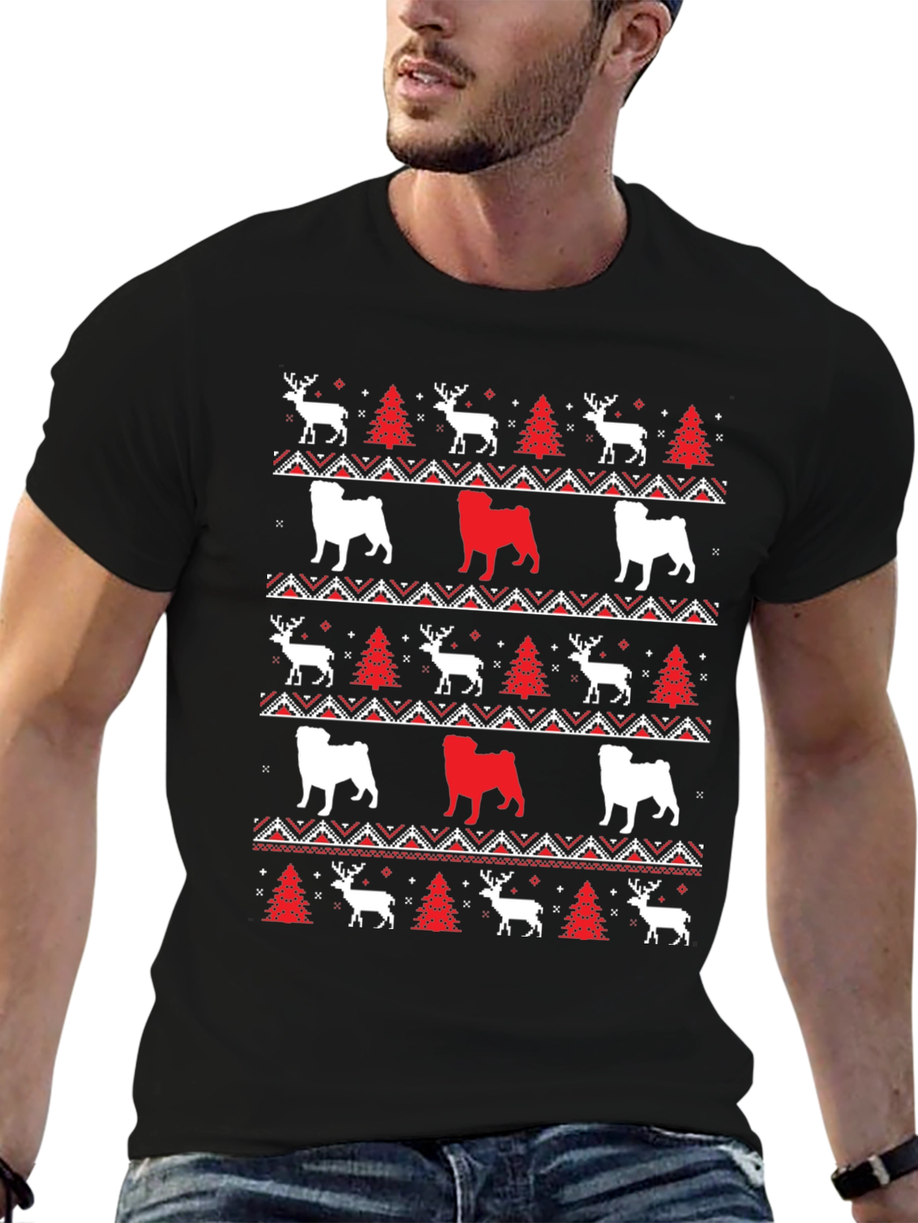 Festive Dog & Deer Christmas Pattern T-Shirt