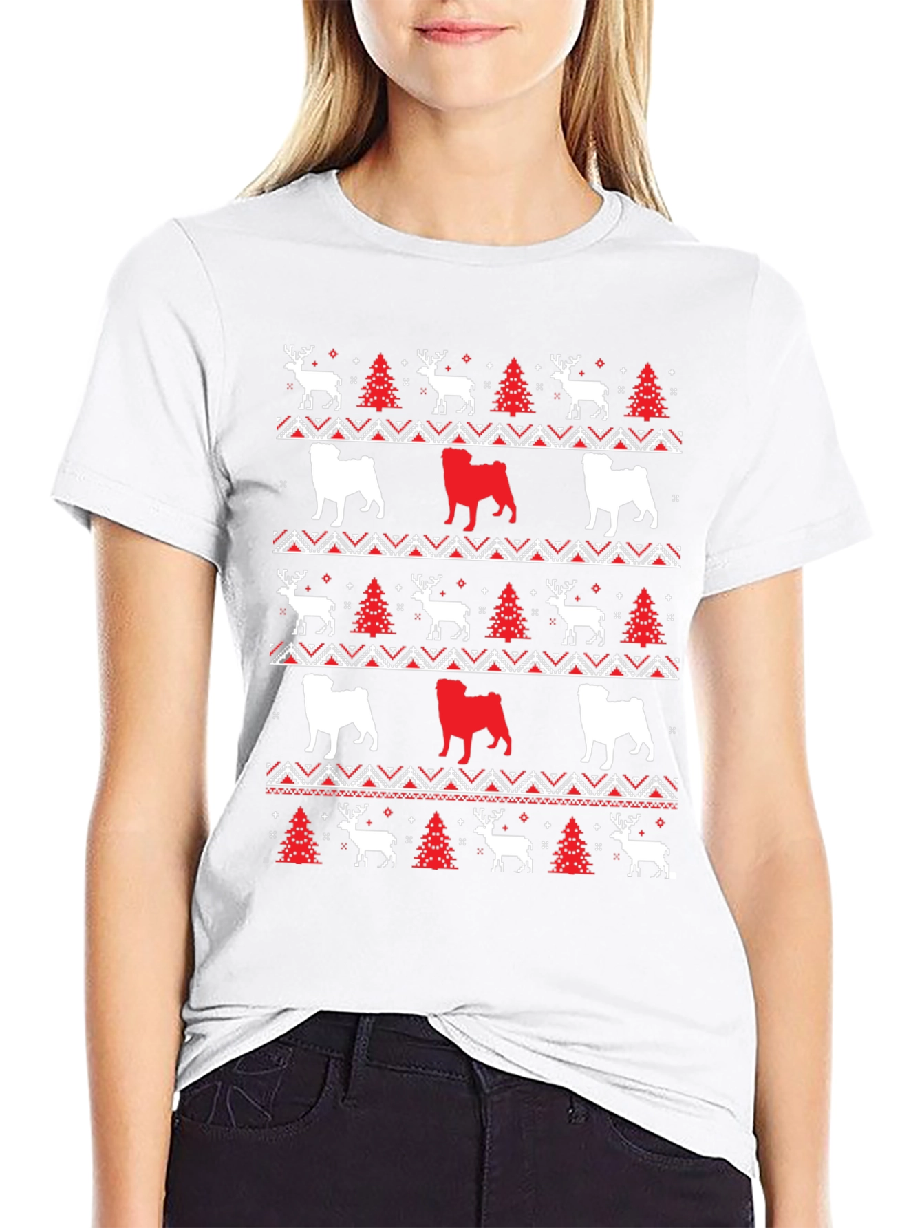 Festive Dog & Deer Christmas Pattern T-Shirt