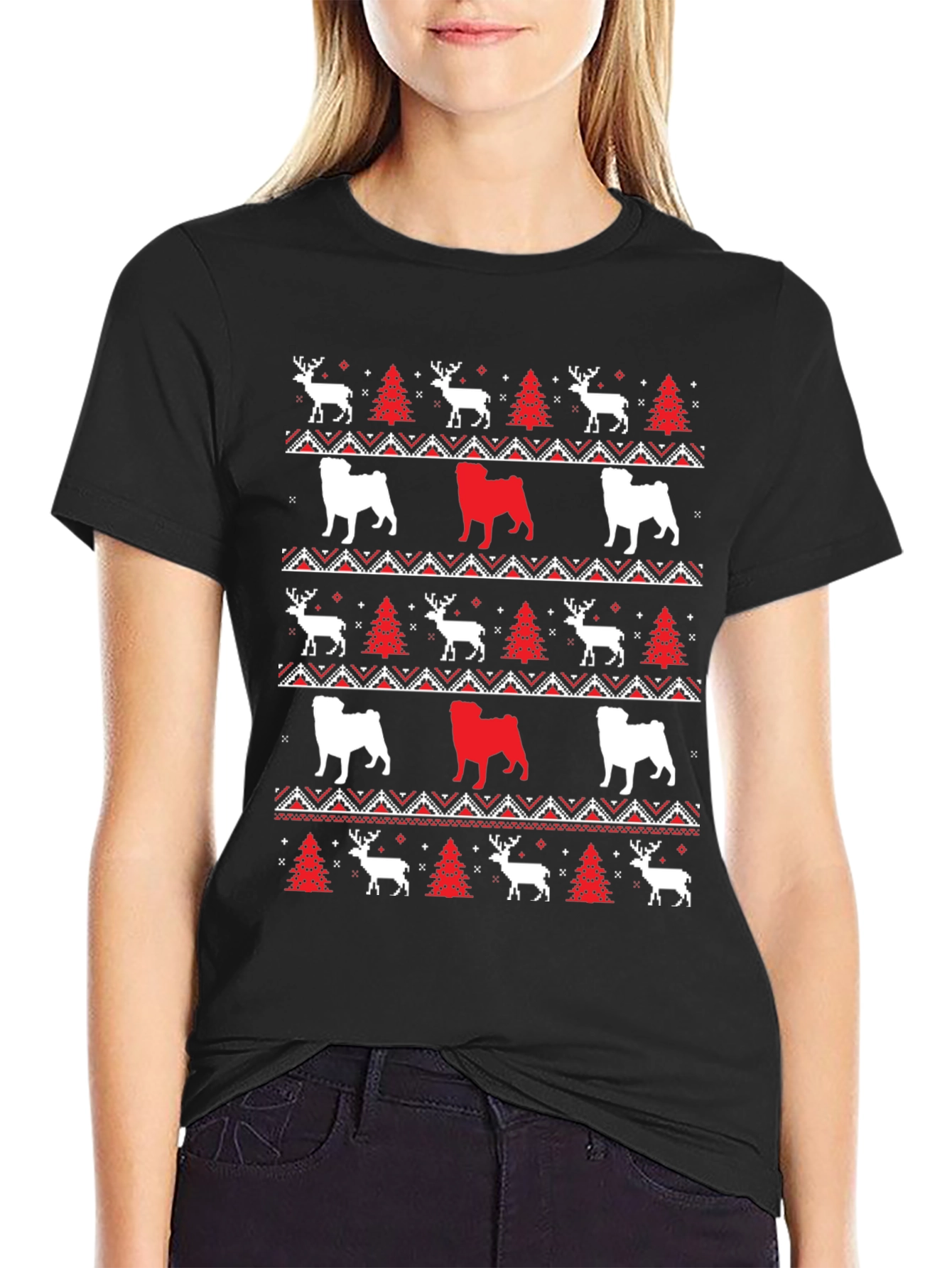 Festive Dog & Deer Christmas Pattern T-Shirt