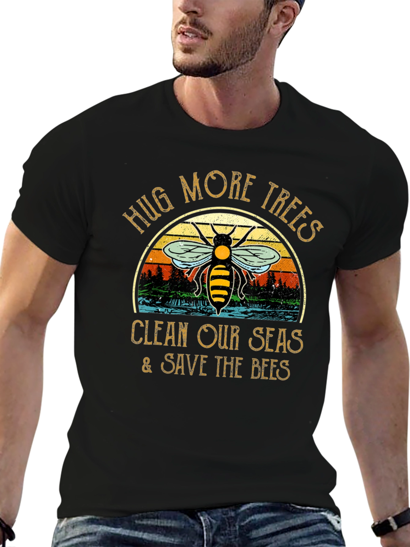 Hug Trees Clean Seas Save Bees Black T-Shirt