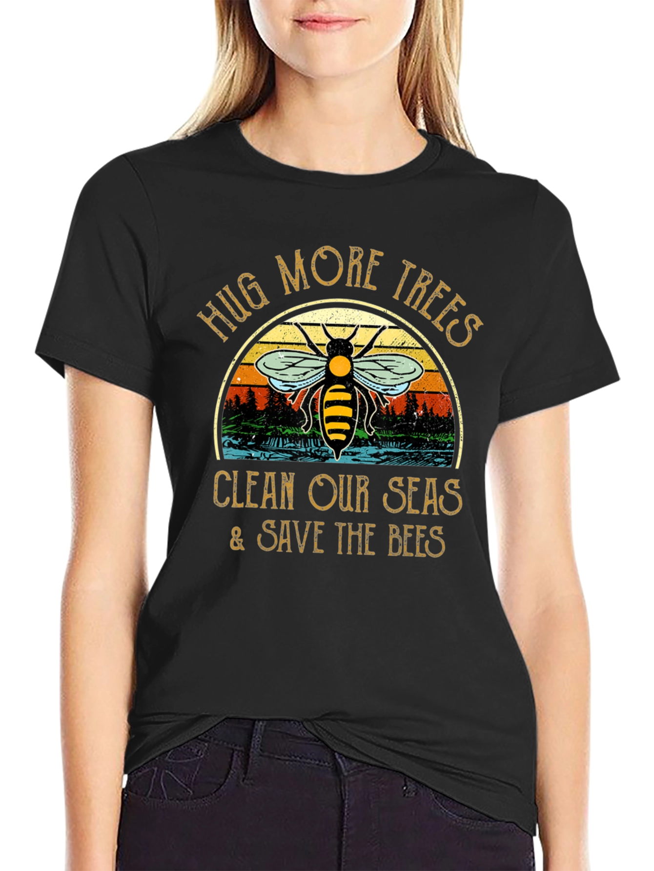 Hug Trees Clean Seas Save Bees Black T-Shirt