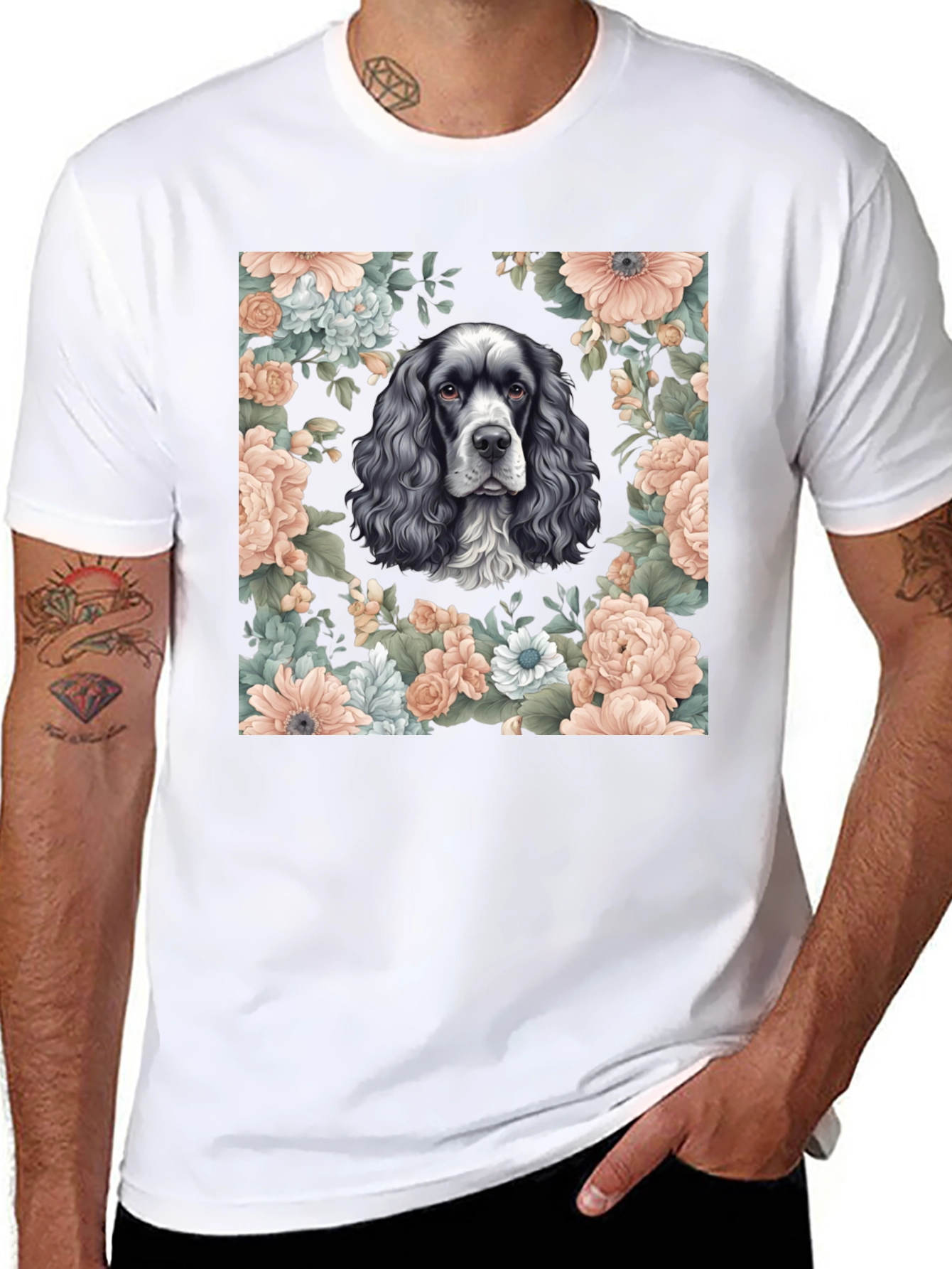 Dog & Floral Print Black T-Shirt