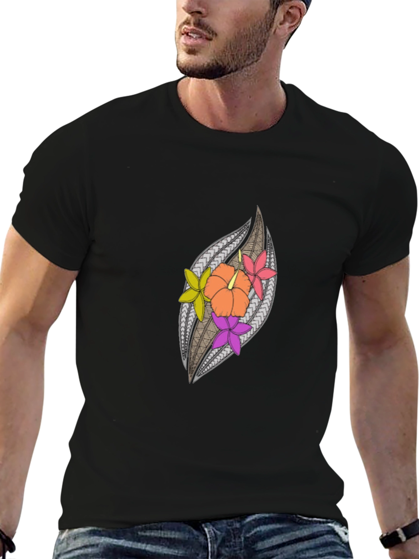 Hibiscus Floral Patterned Black Tee