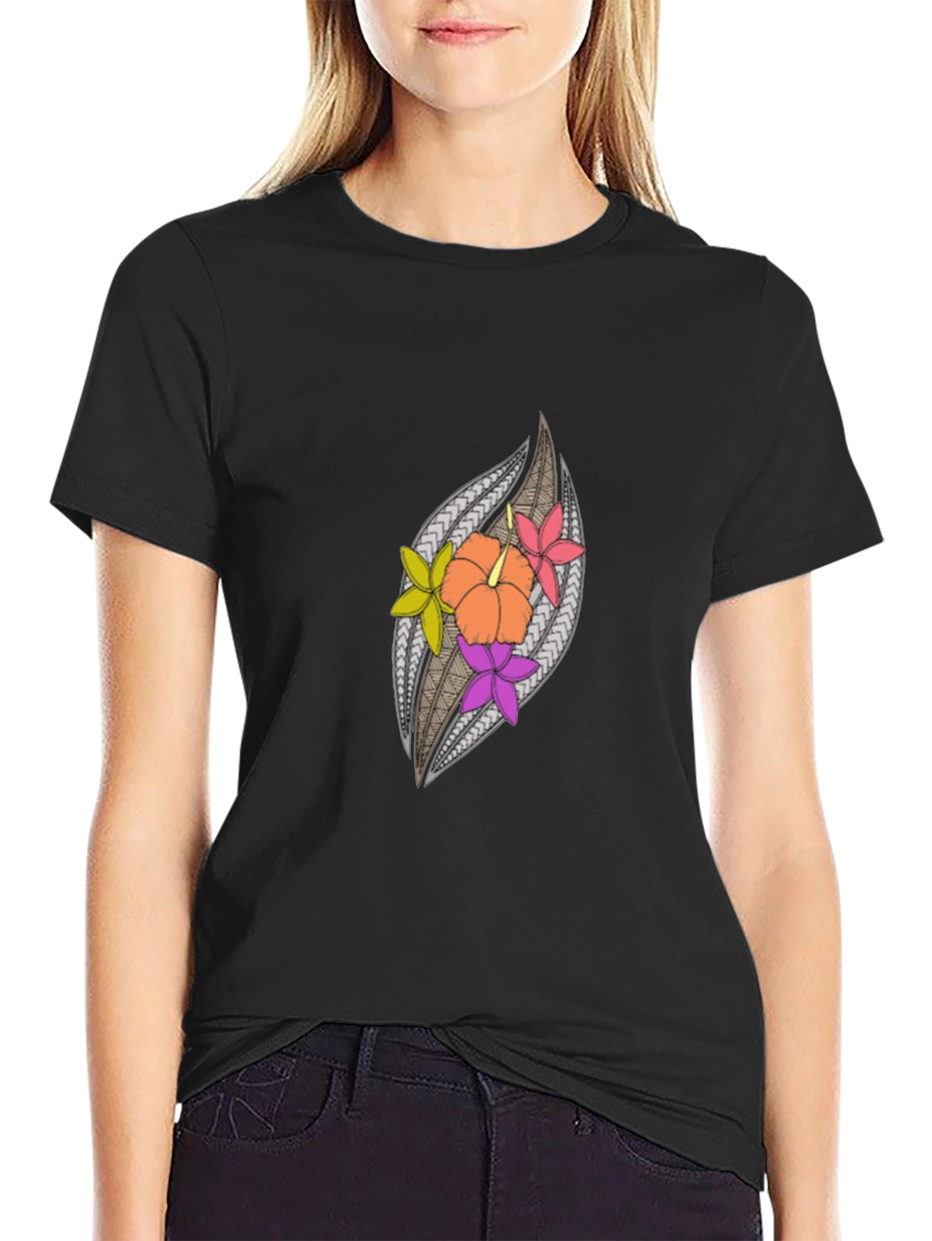 Hibiscus Floral Patterned Black Tee