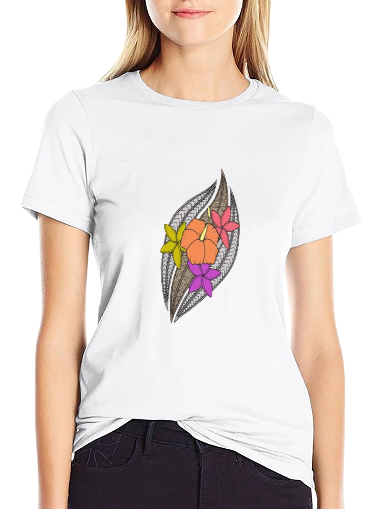 Hibiscus Floral Patterned Black Tee