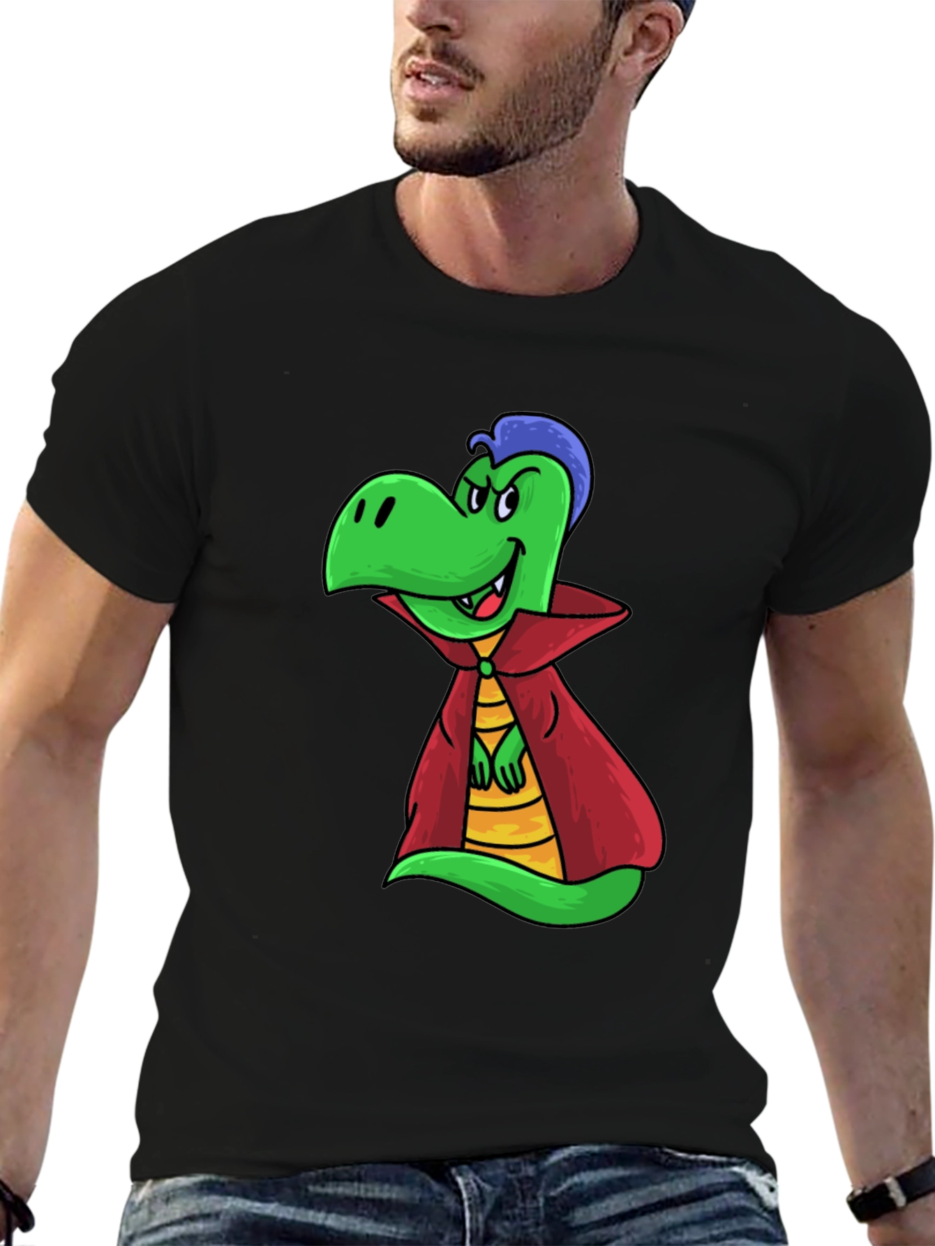 Cartoon Vampire Dinosaur Black T-Shirt