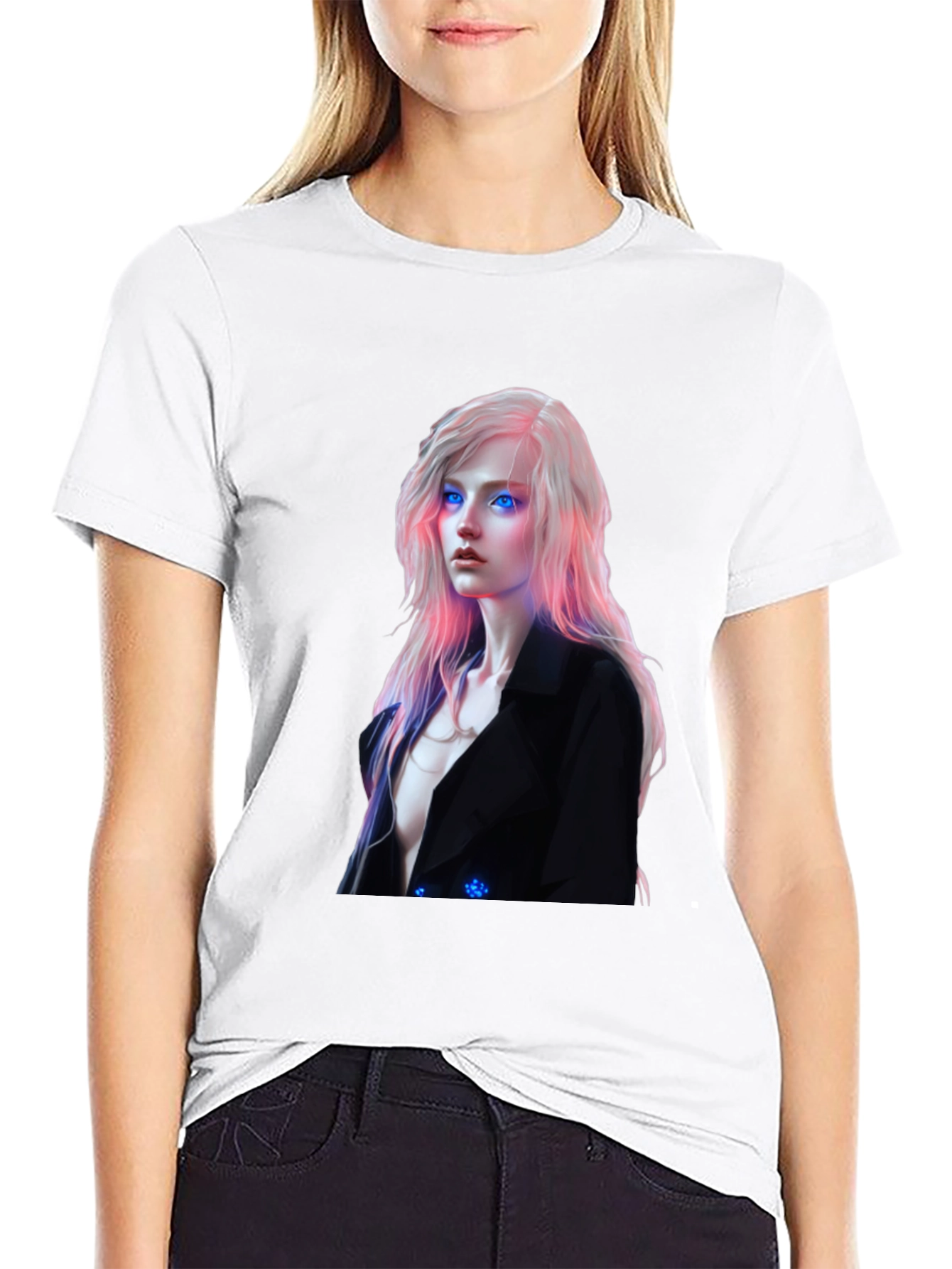 Cyberpunk Woman Graphic Tee - Black Cotton Blend