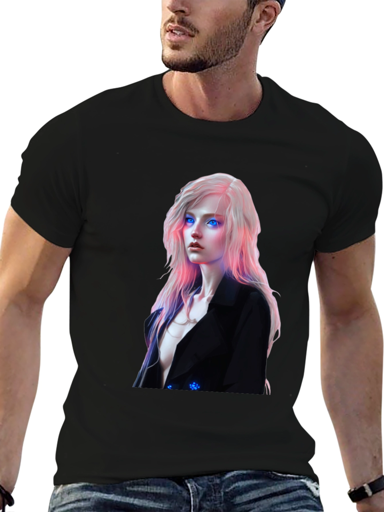 Cyberpunk Woman Graphic Tee - Black Cotton Blend