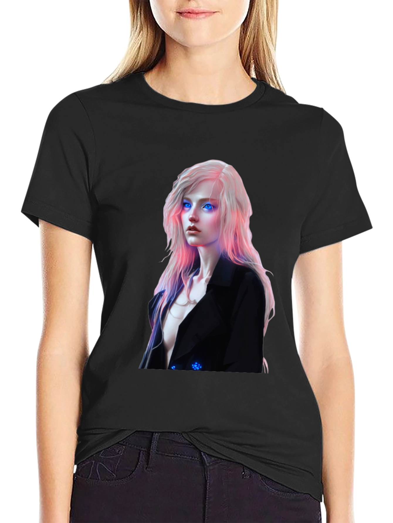 Cyberpunk Woman Graphic Tee - Black Cotton Blend