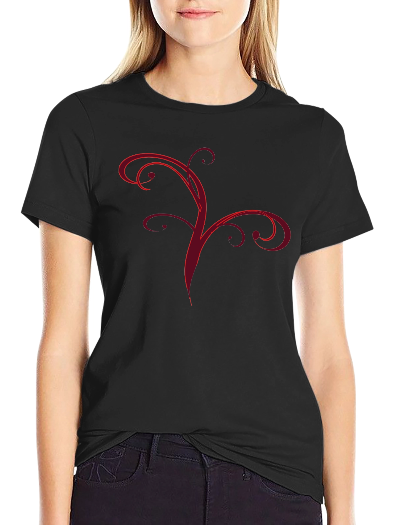 Stylish Black Tee with Abstract Red Vine Design